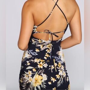 Navy Blue Tropical Floral Dreamy Asymmetrical Midi Dress